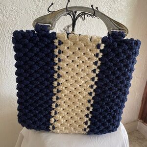 Navy and Cream Handwoven Tote Bag